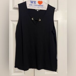 Soft knit black top has the cutest gold detail. Size XL; good condition.